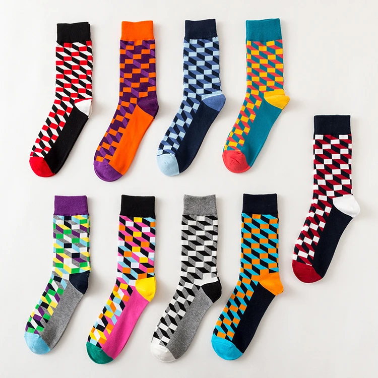 

Hosiery Wholesale Autumn Unique Jacquard Cotton Custom Colorful Happy Color Block Socks For Men