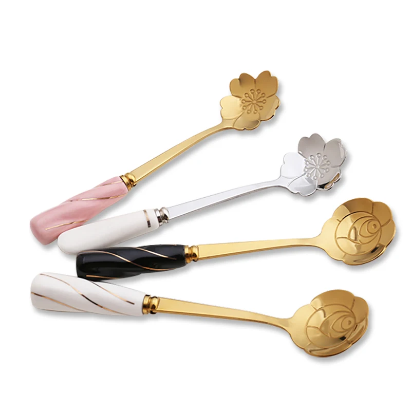 

Coffee spoon Stainless steel Flower Shape Dessert ceramic spoon Ice Cream Candy Spoon