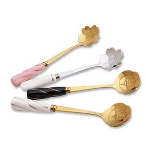 Coffee spoon Stainless steel Flower Shape Dessert ceramic spoon  Ice Cream Candy Spoon