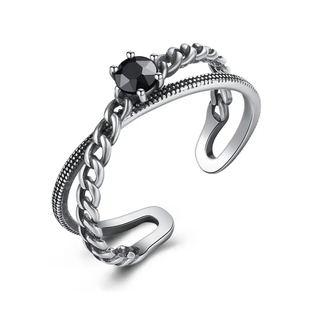 

CZCITY 925 Sterling Vintage Cuban Chain Link Black Gold Black Zircon Stone Silver Man Ring Black