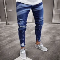 

Men's Ripped Skinny Biker Jeans Men Destroyed Slim Fit Denim Pants