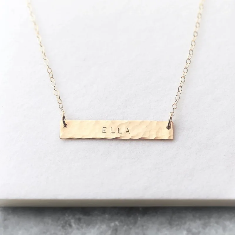

Personalised Hammered Bar Necklace, 18k Gold Fill Name Bar Necklace, Horizontal Bar Necklace, Gold,rose gold,black and silver