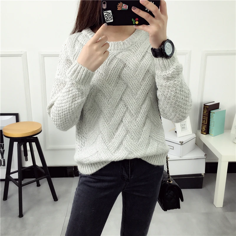 

Hot sale fashionable pink lady crew neck autumn winter thick cable knitted cheap women sweater, Black,brown,grey,beige,white etc.