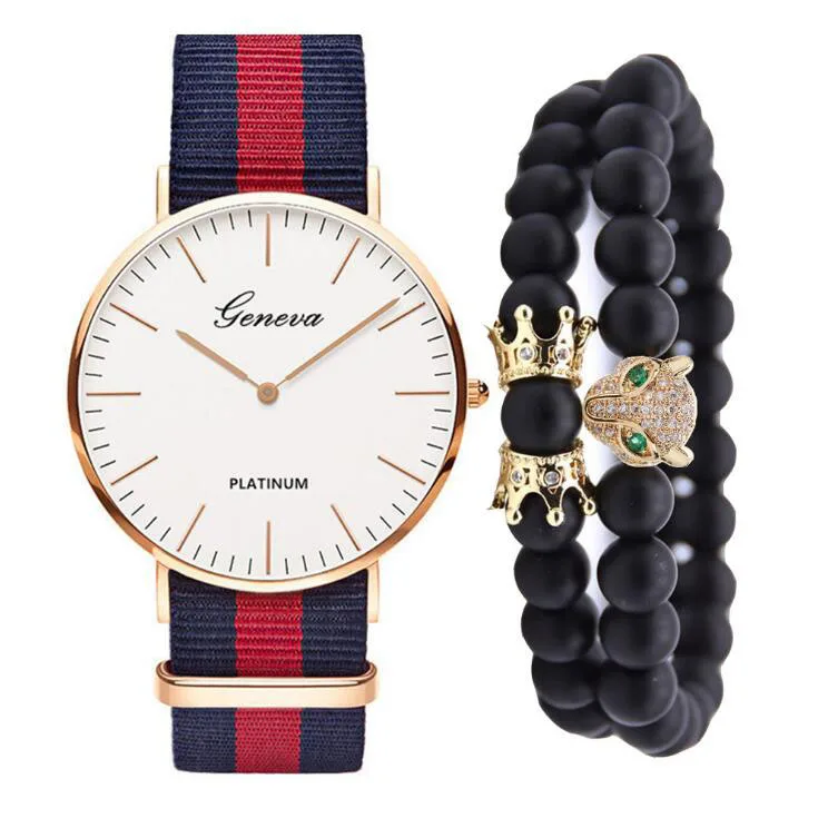

Fashion Sports Canvas Quartz Watch Bracelet Set Natural Stone Beaded Bracelet Set With Watch, Colourful