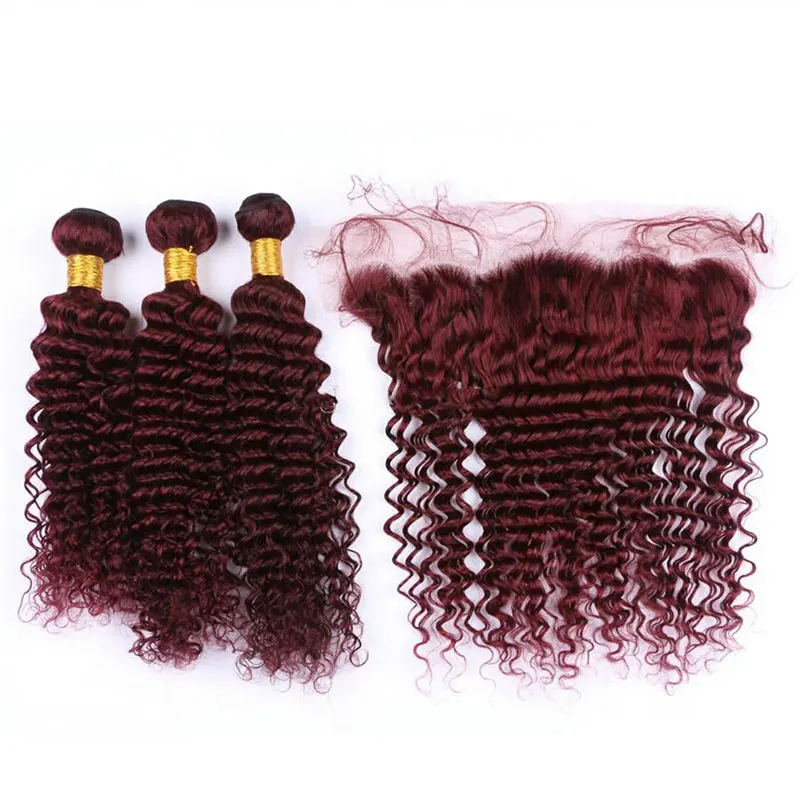 

New arrival #99J burgundy brazilian deep wave virgin hair bundles and lace frontal wine red color hair weaves, 99j