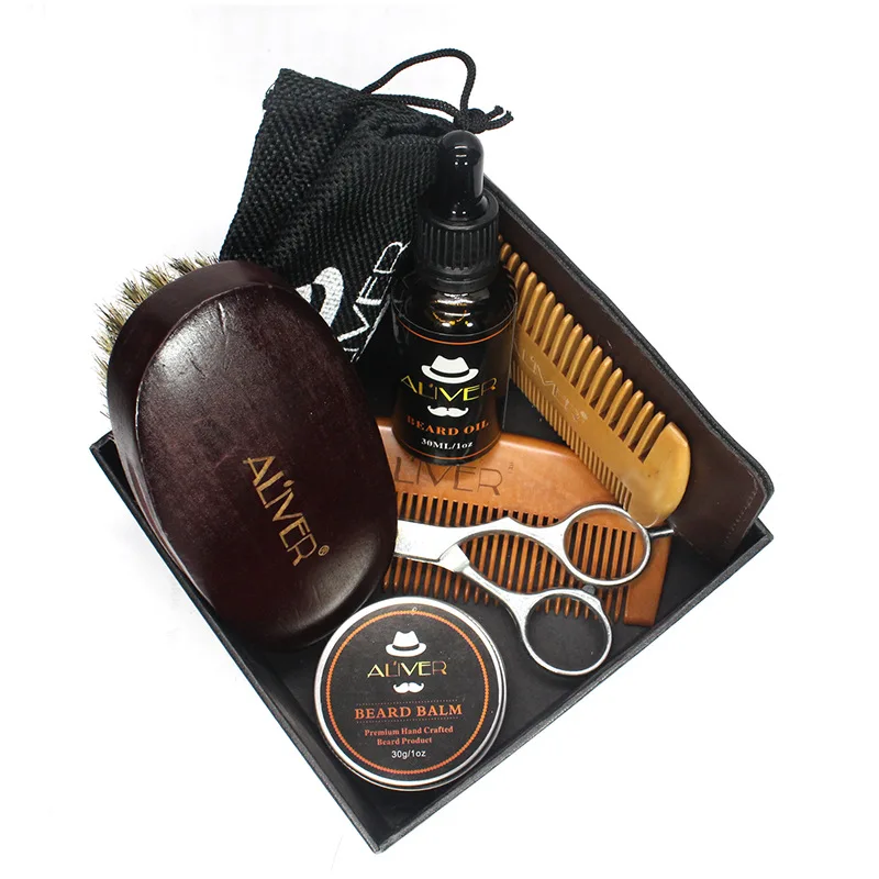 
New Arrival 6 Items Set Beard Brush Oil Balm Comb Beard Grooming Kit For Men 