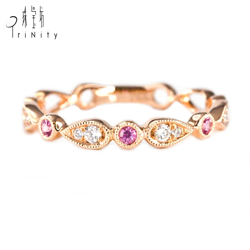 

Vintage Gems Jewelry 14K Rose Solid Gold Natural Round Cut Pink Sapphire and Diamond Art Deco Ring