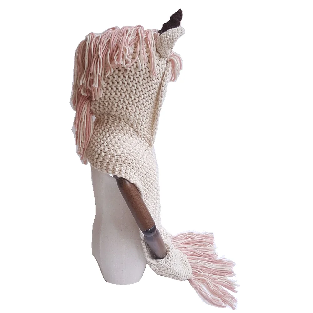 
2018 Cartoon Cute Unicorn Scarf Shawl Tassel Hats Acrylic Kids Knitted Unicorn Hood Hat with Pockets 
