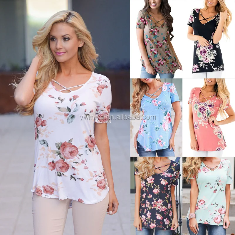 

MY-081 Beautiful plus size hot sell womens floral print short sleeve shirts blouse wholesale ladies casual tops summer, Picture show