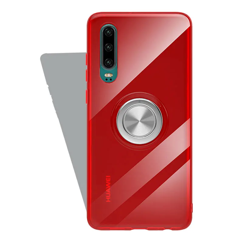 

Free Shipping Thin Fit Ultra Transparent TPU Magnetic Ring Case Stand Cover for Huawei p20 Case, Red