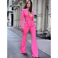 

A3060 New 2020 Cotton Fashion Run Way Design Rose Red Top Bow Long Sleeve Coat Long Pant Two Piece Set Women Wholesale