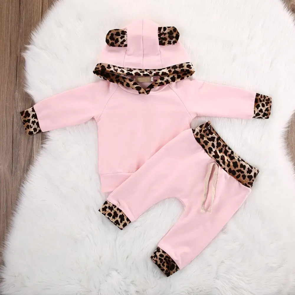baby girl bodysuits Leopard baby clothes 2 pcs soft cotton long sleeve tops and solid pants newborns clothing pink infant sets