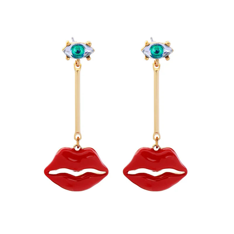 

ed0035c Custom Turkish Eye With Red Lip Dangler Earrings Gold Boutique Retailer