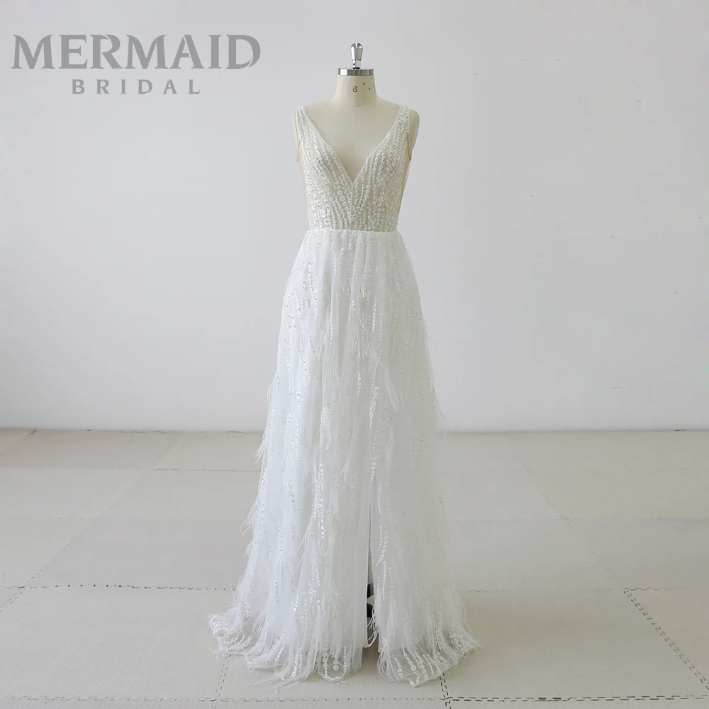 Sexy V Neck Beaded Ostrich Feather Wedding Dress With Split Skirt