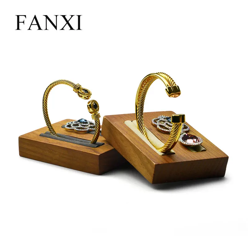 

FANXI Free Shipping Custom Microfiber Jewellery Exhibitor organizer For Ring Bangle Bracelet Wooden Jewelry Display, Wood base + beige / black top for wooden earring holder
