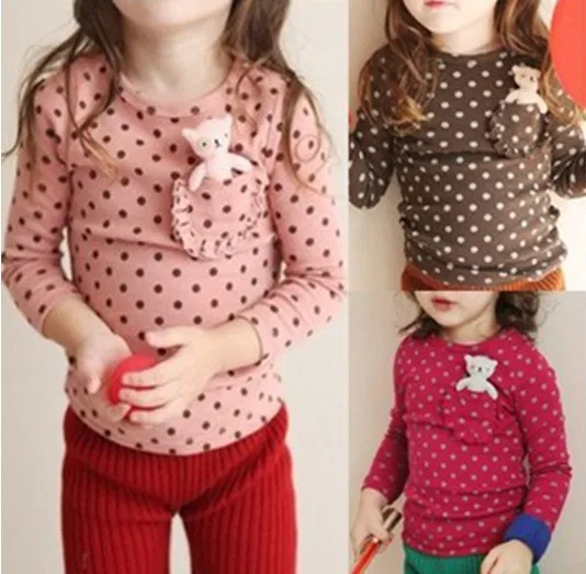 

Various Color Pocket Design Polka Dot Cotton Solid Long Sleeve Baby Girl Shirts