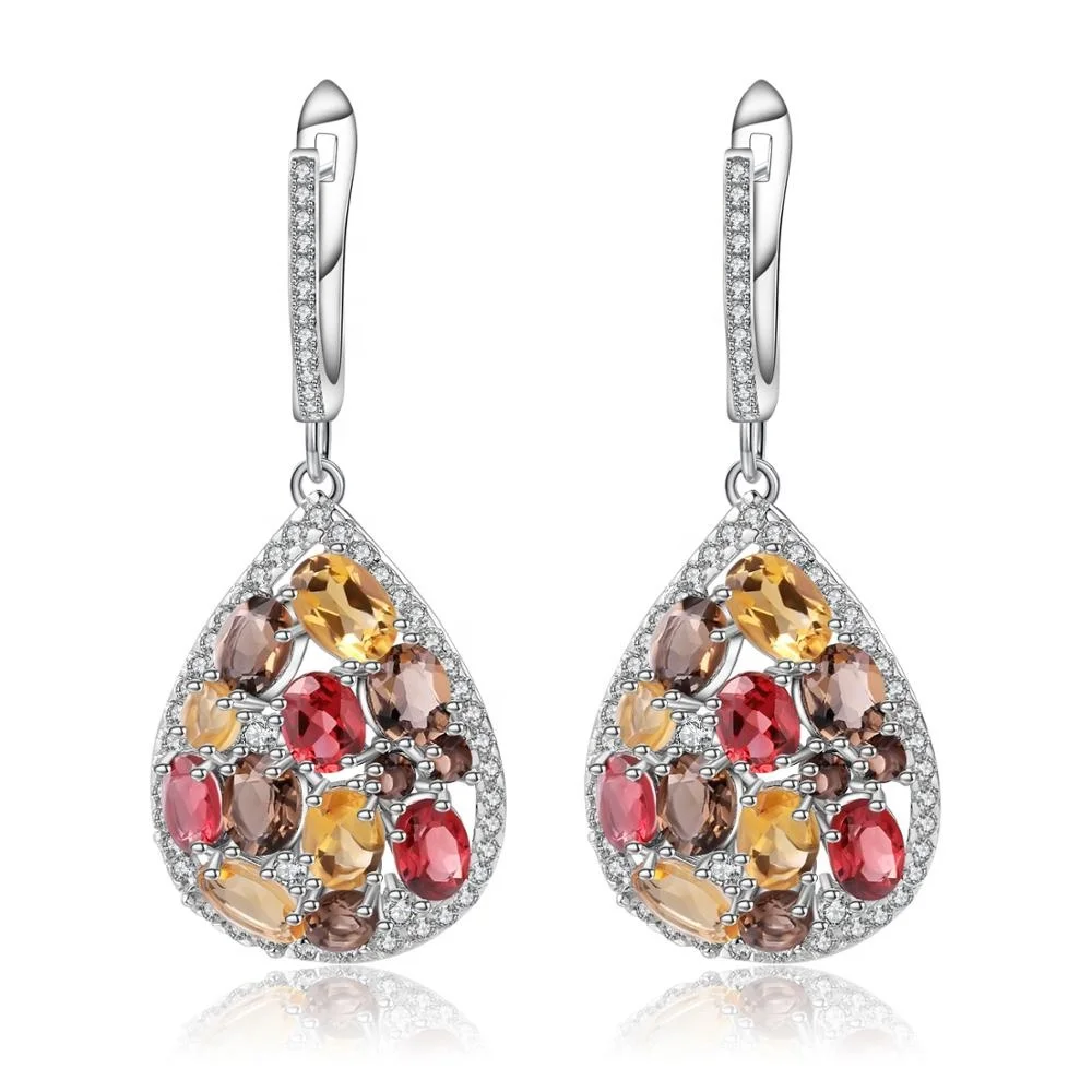 

Abiding elegant natural smoky quartz citrine garnet gemstone luxury 925 sterling silver jewelry earring