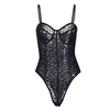 Hot Fancy Leopard Transparent Mesh Net Spaghetti Strap Fashion Ladies Thong Tops Sexy Lingerie Velvet Black Bodysuits For Women