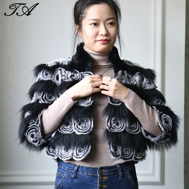 

Luxurious Black Grey Sheared Raccoon Striped Rabbit Fur Rosette Three Quarter Sleeve Jacket Coat For Women