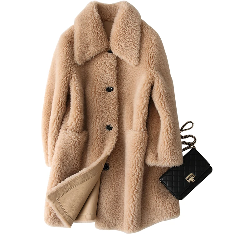 

Women Winter Thick Warm Long Khaki Sheepskin Shearling Coat,Lamb Fur Skin Double Face Leather Coat