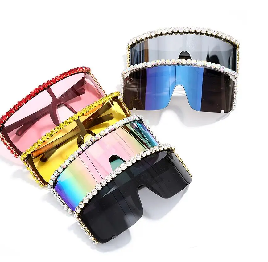

Queena Vintage Pilot Diamond Sunglasses Women Men Luxury Mirror Pink Rhinestone Goggle Sun Glasses Lady Half Frame sunglasses