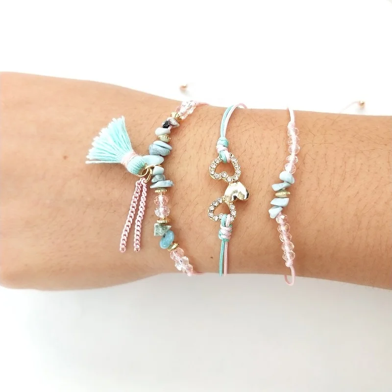 

Coating beads bracelet set green rope macadam stone and tassel for women