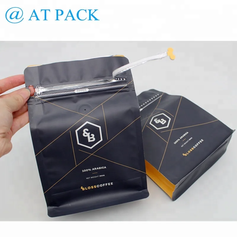 Custom printed kraft paper 250g front zipper box bottom coffee bags with valve