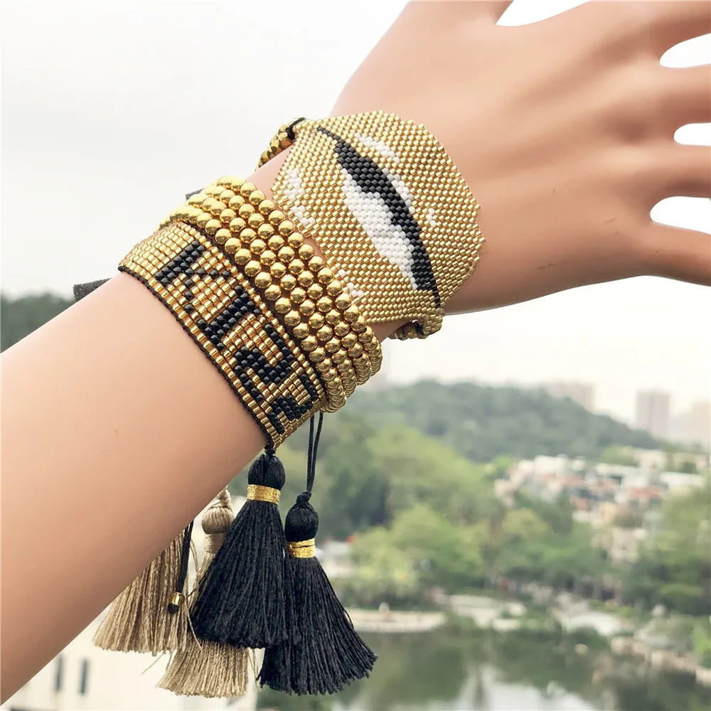 

Hot Sale 3-pieces Gold Beaded Kiss Lip Miyuki Bracelet Seed Beads Bracelet Jewelry Unisex Adjustable String Bracelets Wholesale, Please check the color options