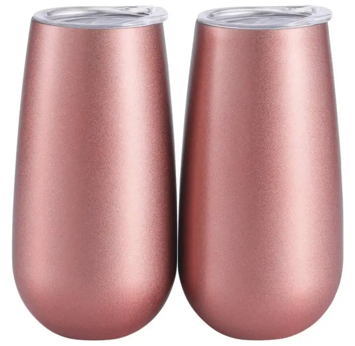 

2 Pack 6oz Insulated Stemless Stainless Steel Rose Gold Champagne Flutes with Lids, Reusable Unbreakable Champagne Cocktail Cups, Any color