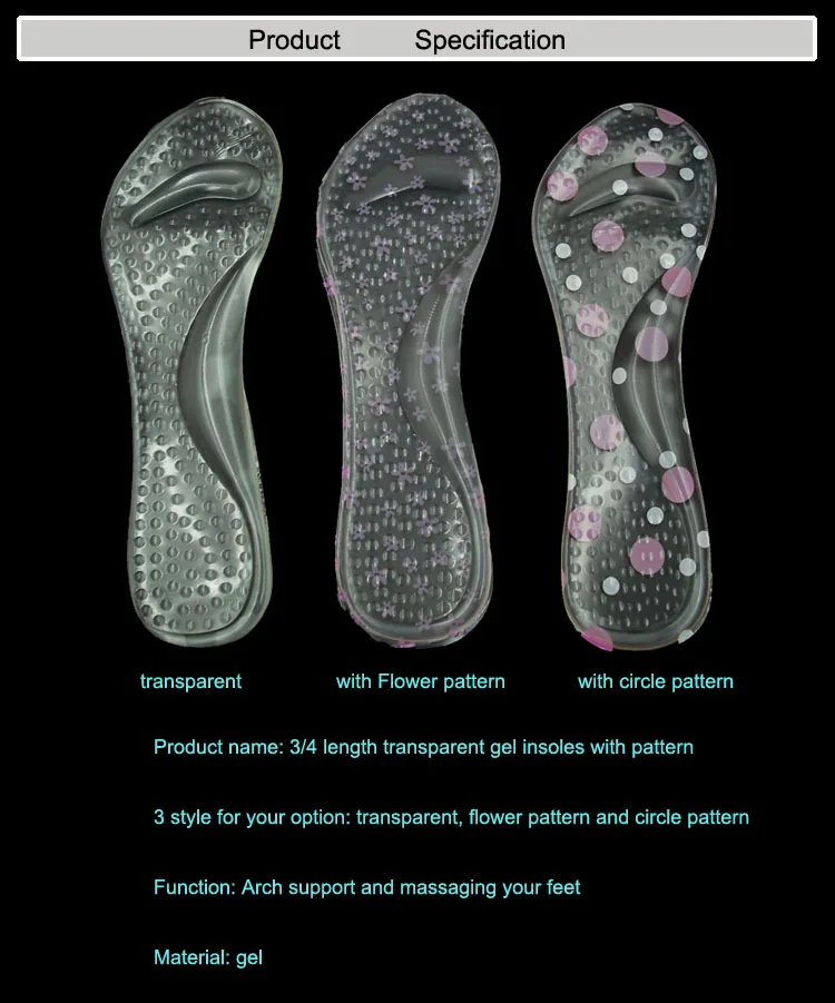 3/4 Length Gel Insoles For Shoes Selfsticking Gel Sandals Insole For Lady Massaging Gel Shoes