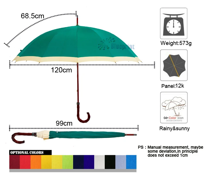 Dark Green 12 Ribs Golf Straight Umbrella With Wood Curved Handle Buy