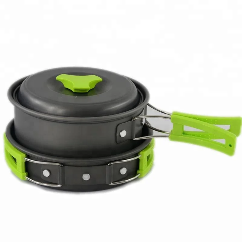 

aluminum non stick kettle pots outdoor picnic camping cookware sets, Grey+green handle