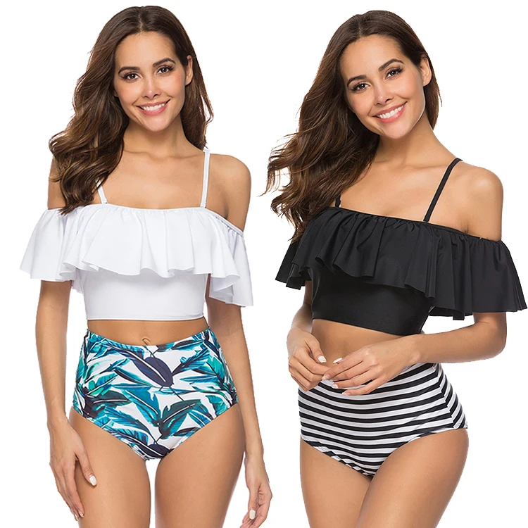 

2019 Latest Design 7 Color High Waist Ruffle Two Piece Set Printing Sport Beach Swimsuit Swimwear Women, N/a