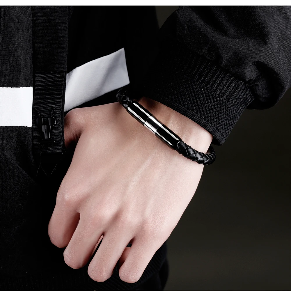 Trendy 2018 Mens Vibration Health Magnetic Stainless Steel Black Braided Leather Bracelets