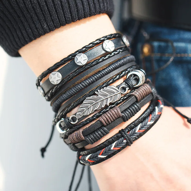 

Vintage Leaf Feather Multilayer Leather Bracelet Men Fashion Braided Handmade Star Rope Wrap Bracelets & Bangles Male Gift, See picture in details