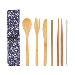 Image of Hot Selling Natural 5pcs Camping Outdoor disposable bamboo wooden cutlery travel set with pouch