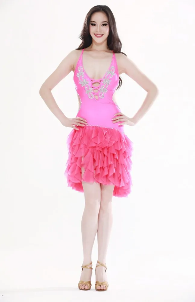 
Sexy Backless Latin Tassel Belly Dance Rhinestone Dress With Low-cut Collar 