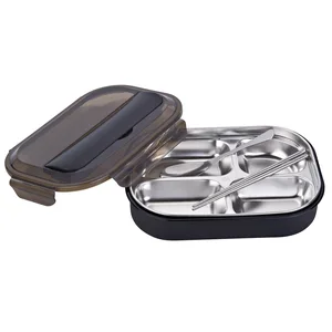 BPA free FDA good quality leakproof 3 compartment thermal stainless steel lunch box for kids with cutlery set