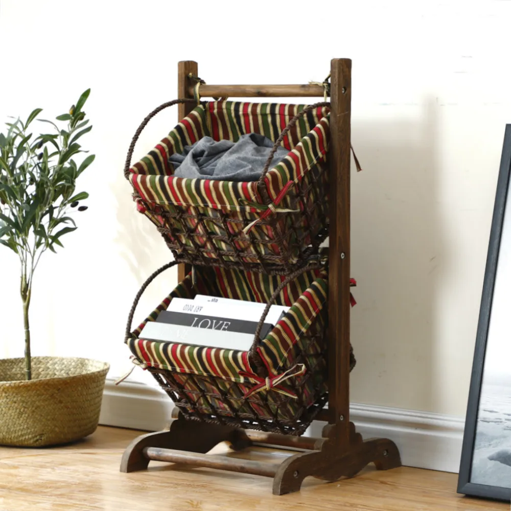 
White Wooden Shelf Stand For Magazine Storage With Hanging Basket 