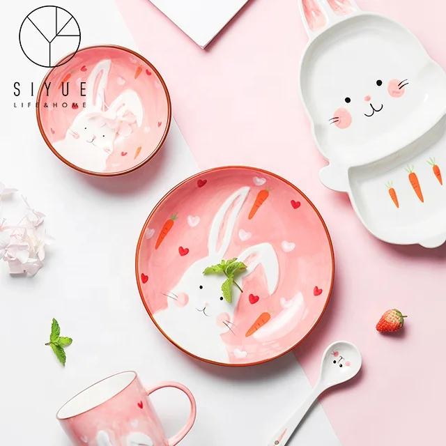 

Rabbit Cup Mug Bowl Plate Dish Spoon Ceramic Tableware Set Cute Pink 1257