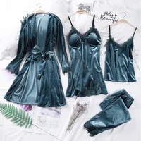 

Autumn& winter long sleeves hammock pajamas four-pieces sexy homewear polyester velvet pajamas sets with pleuche