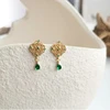 French Retro Jewelry 14K gold plated Pure 925 Sterling silver Emerald Drop Earrings