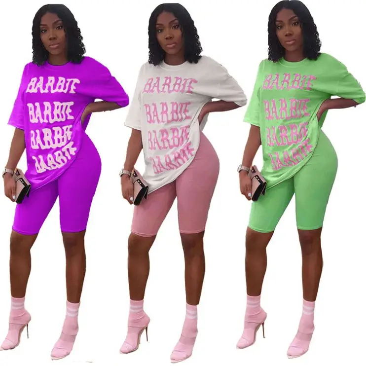 

0519M997 summer loose solid color letter print two piece shorts sport set woman clothing, N/a