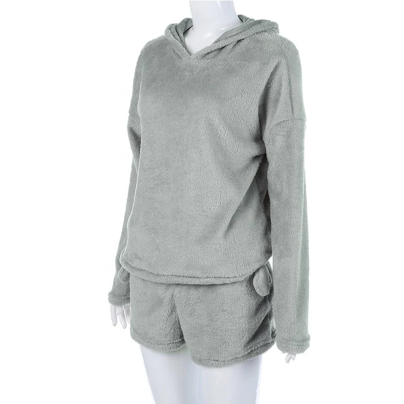 

New Autumn Winter Women's Two Piece Set Pajamas Flannel Cute Cat Pattern Hooded Pajamas, Pink, grey, beige, dark blue, blue