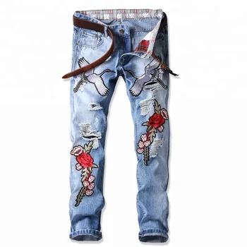 embroidered denim pants