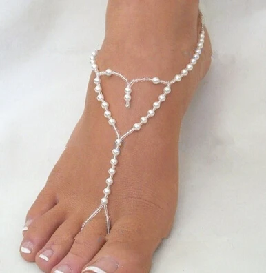 

Bridal Heart Love Pearl beads Foot Sandal Bracelet Toe Ring Ankle Anklet Chain, As photo show