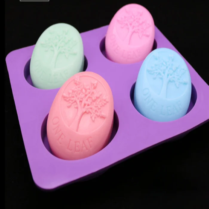 

Hot Selling Food Grade DIY Homemade 4 Cavities Happy Tree Silicone Oval Soap Molds and Soap Making Molds, Random