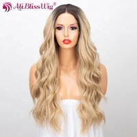 

Aliblisswig New 24 Inches Long Wavy Heat Resistant Fiber Hair Dark Roots Ombre Blonde Highlight Synthetic Lace Front Wig