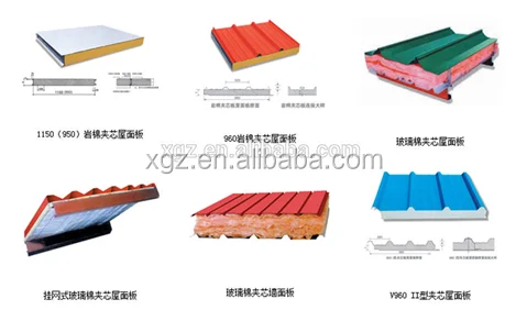 0.35mm-0.6mm Baosteel PPGI both side 50/75/100mm EPS/rock wool sandwich used for steel structure roof and wall made by XGZ