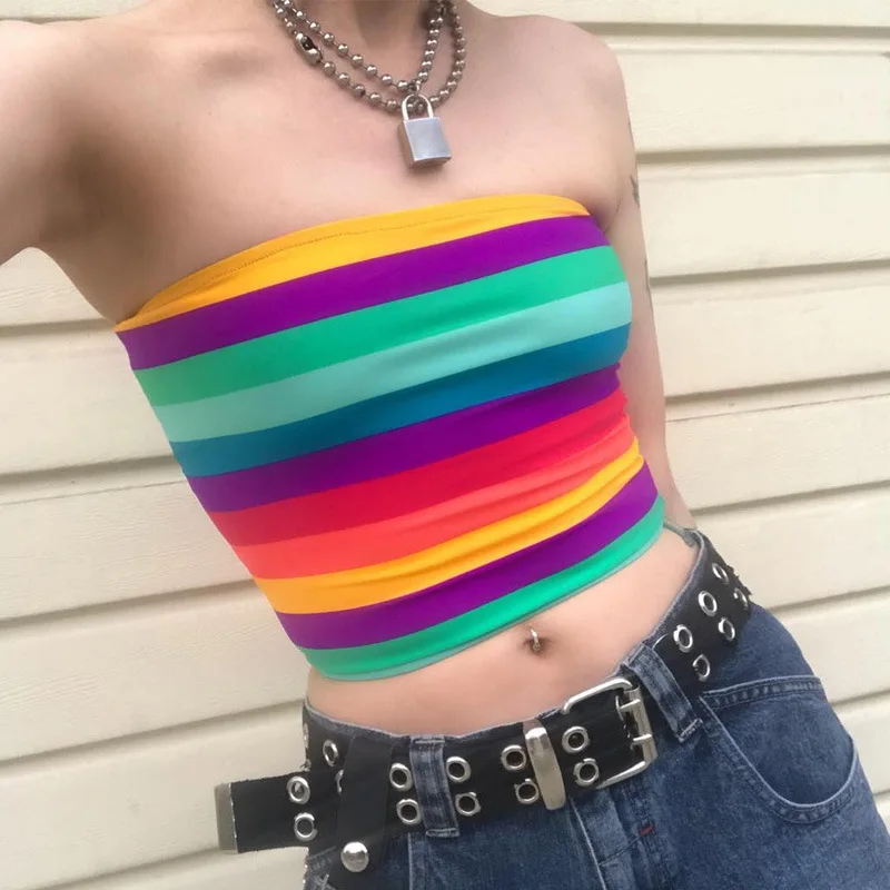 

Summer Women Ladies Tank Tops Rainbow Striped Sexy Off-shoulder Tube Crop Tops Strapless Bra Vests, N/a